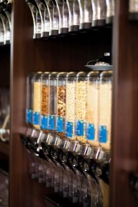 Photograph of pasta and grains in jars, for no or low package shopping.